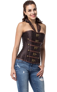 F9083 Brown Collar Zipper Steampunk Corzzet Trainer Overbust Waist Corsets